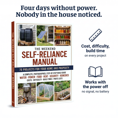 The Weekend Self-Reliance Manual. Four days without power, nobody in the house noticed. Cost, difficulty and build time on every project. Works with the power off.